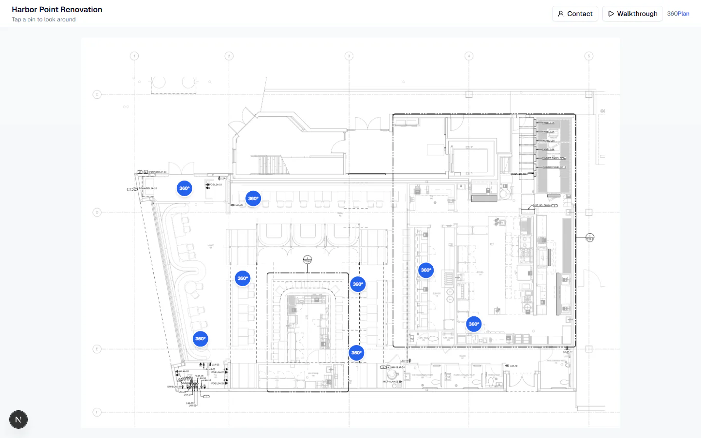 Interactive floor plan with eight 360 photo viewpoints