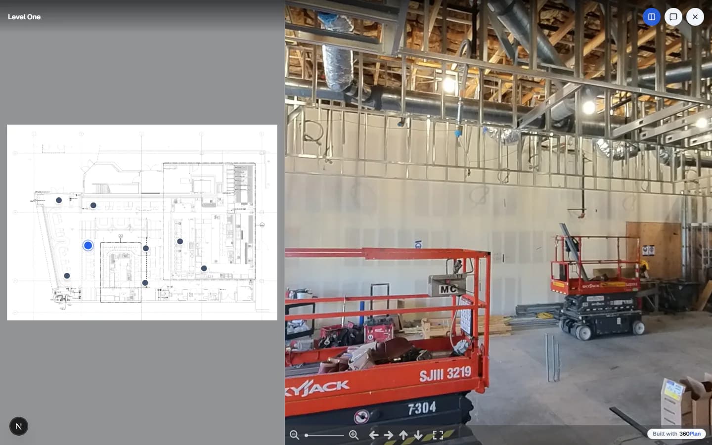 360Plan showing a floor plan beside an interactive 360 site photo